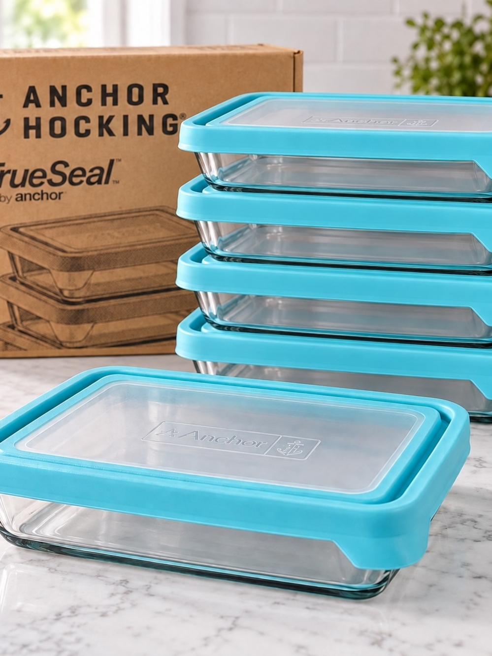 Anchor Hocking TrueSeal Glass Food Storage 5pc Set Aqua Lids 9x7x2